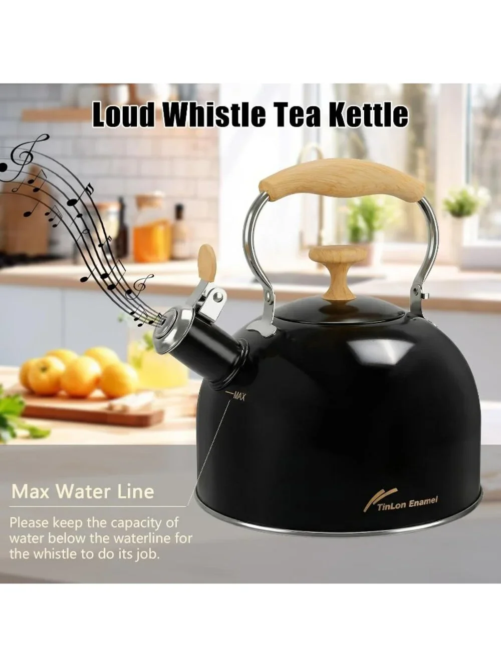 Black Stainless Steel Whistling Tea Kettle 2.4L Stovetop Induction Gas Handle